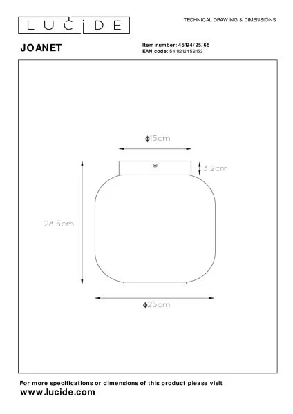Lucide JOANET - Deckenleuchte - Ø 25 cm - 1xE27 - Rauchfarbe Grau - technisch